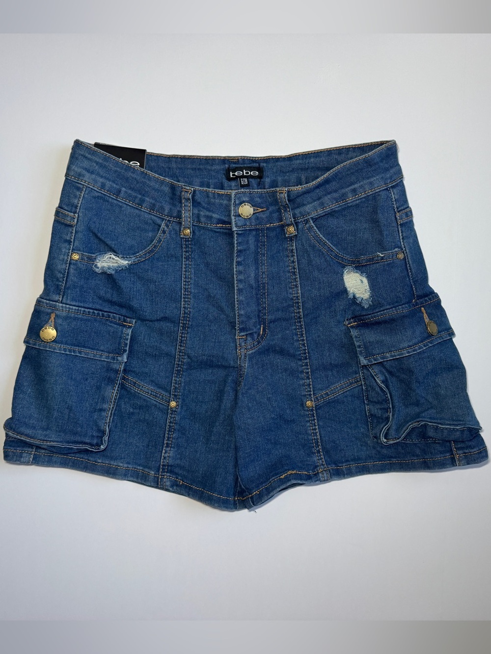 bebe Dark Blue Distressed Denim Cargo Shorts